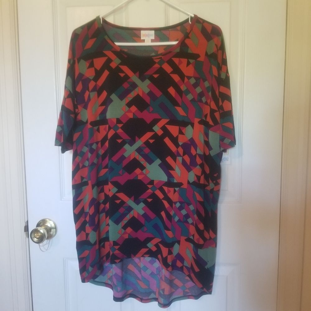 Lularoe Geometric Orange Black Irma Scoop Neck Tunic Flowy Shirt Sz XXSmall